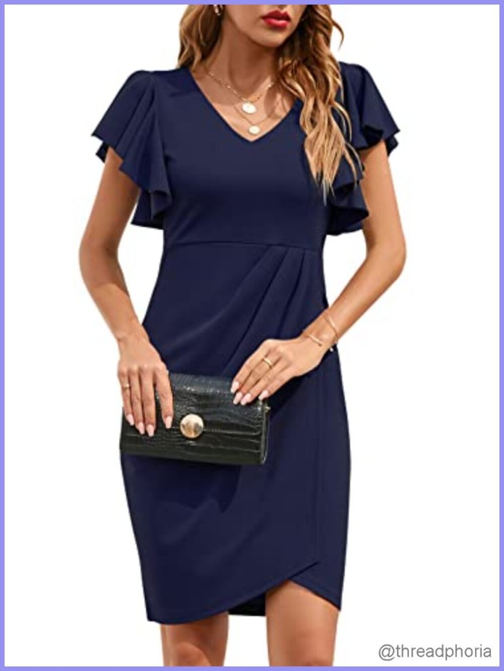 Women V Neck Ruffle Sleeve Bodycon Wrap Ruched Sheath Cocktail Dress
